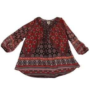 Fig and Flower Red Medallion Patchwork 3/4 Sleeve Blouse Women's - Petite Large
